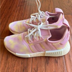 Adidas NMD_R1 shoe in a pink and yellow tie-dye Bliss Lilac colorway
